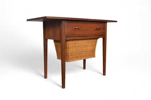 MID CENTURY TEAK SEWING TABLE WITH CANE YARN BASKET