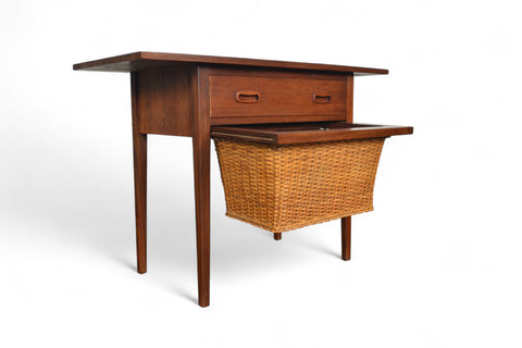 MID CENTURY TEAK SEWING TABLE WITH CANE YARN BASKET