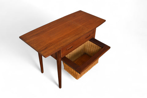 MID CENTURY TEAK SEWING TABLE WITH CANE YARN BASKET