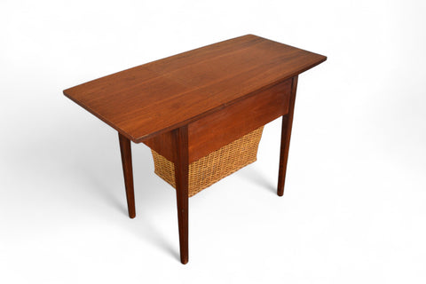 MID CENTURY TEAK SEWING TABLE WITH CANE YARN BASKET