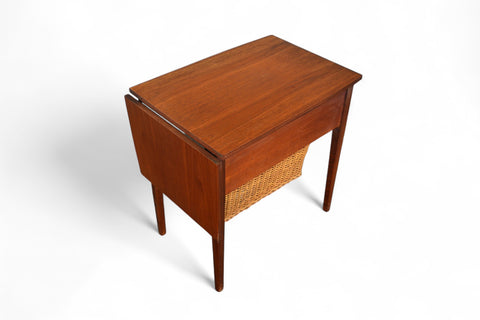 MID CENTURY TEAK SEWING TABLE WITH CANE YARN BASKET