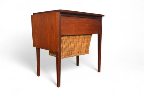 MID CENTURY TEAK SEWING TABLE WITH CANE YARN BASKET