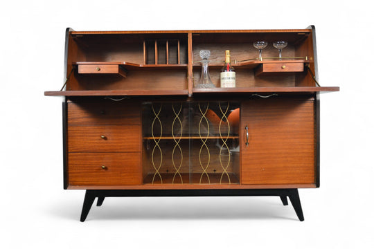 1950s ENGLISH MODERN BAR CABINET + SECRETARY DESK IN MAHOGANY