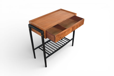 TEAK + BLACK LACQUER CONSOLE TABLE WITH DRAWER