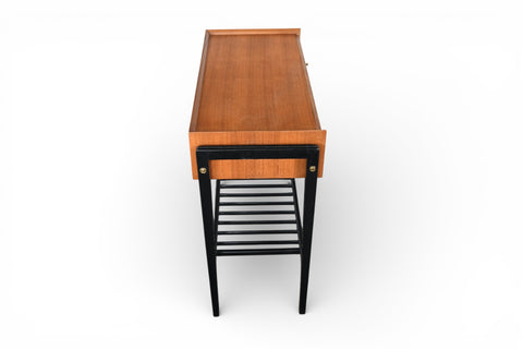 TEAK + BLACK LACQUER CONSOLE TABLE WITH DRAWER