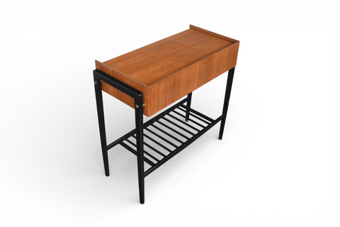 TEAK + BLACK LACQUER CONSOLE TABLE WITH DRAWER