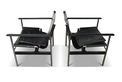 PAIR OF 1960s CHARLES POLLOCK "657" LOUNGE CHAIRS IN LEATHER + CHROME