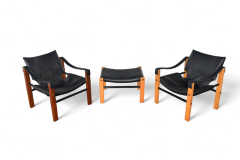 PAIR OF MAURICE BURKE SAFARI LOUNGE CHAIRS + OTTOMAN