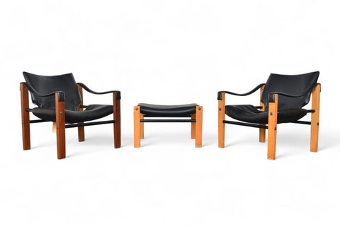 PAIR OF MAURICE BURKE SAFARI LOUNGE CHAIRS + OTTOMAN