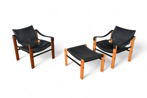 PAIR OF MAURICE BURKE SAFARI LOUNGE CHAIRS + OTTOMAN