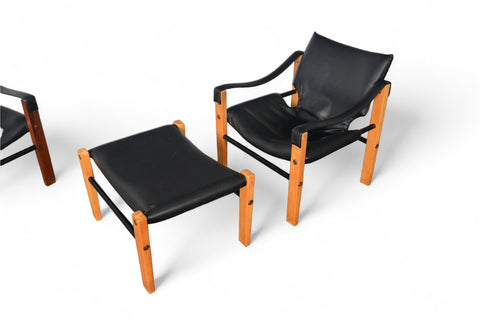 PAIR OF MAURICE BURKE SAFARI LOUNGE CHAIRS + OTTOMAN