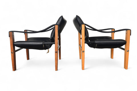 PAIR OF MAURICE BURKE SAFARI LOUNGE CHAIRS + OTTOMAN