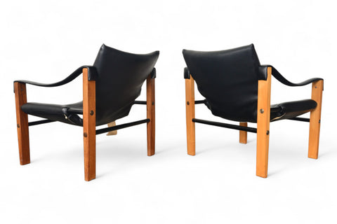 PAIR OF MAURICE BURKE SAFARI LOUNGE CHAIRS + OTTOMAN