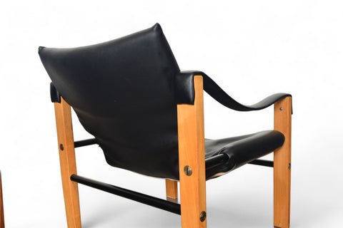 PAIR OF MAURICE BURKE SAFARI LOUNGE CHAIRS + OTTOMAN