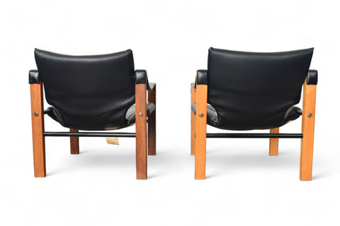 PAIR OF MAURICE BURKE SAFARI LOUNGE CHAIRS + OTTOMAN