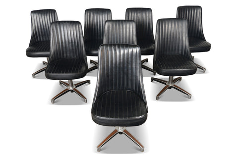 Chromcraft swivel chairs set, cast aluminum bases, walnut laminate detail, vintage