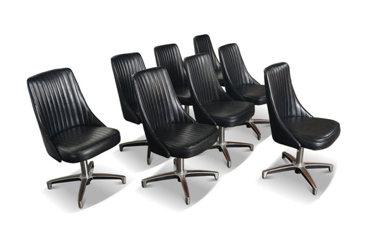 SET OF EIGHT CHROMCRAFT SWIVEL DINING CHAIRS IN BLACK VINYL
