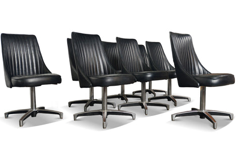 Original black vinyl chairs from 1967, swivel bases with walnut accents by Chromcraft