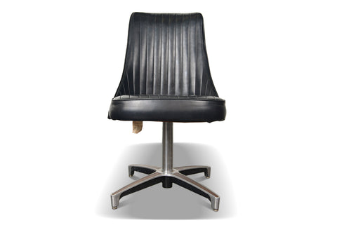 Vintage Chromcraft swivel chairs in black vinyl, aluminum swivel base, walnut trim