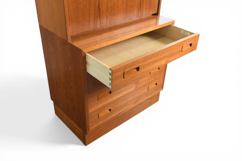 CARLO JENSEN FOUR DRAWER CHEST WITH DROP FRONT HUTCH BY HUNDEVAD + CO | DANISH MODERN 1960s