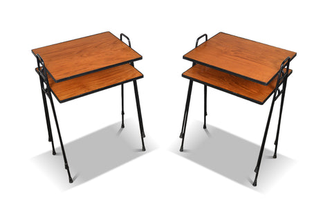 SET OF FOUR MID CENTURY STACKING TABLES IN TEAK + IRON