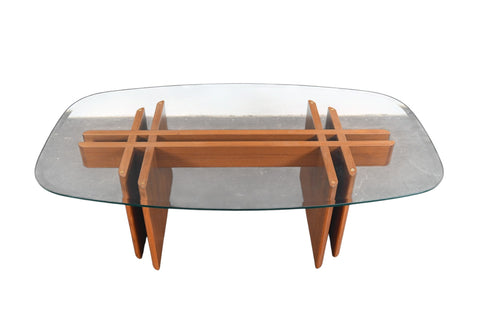 GORGEOUS GUSTAV GAARDE INTERLOCKING SOLID TEAK + GLASS COFFEE TABLE