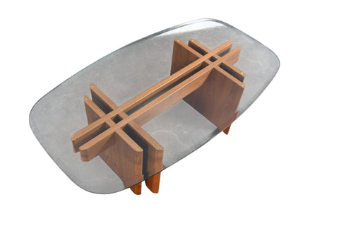 GORGEOUS GUSTAV GAARDE INTERLOCKING SOLID TEAK + GLASS COFFEE TABLE