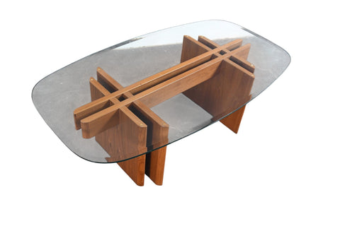 GORGEOUS GUSTAV GAARDE INTERLOCKING SOLID TEAK + GLASS COFFEE TABLE