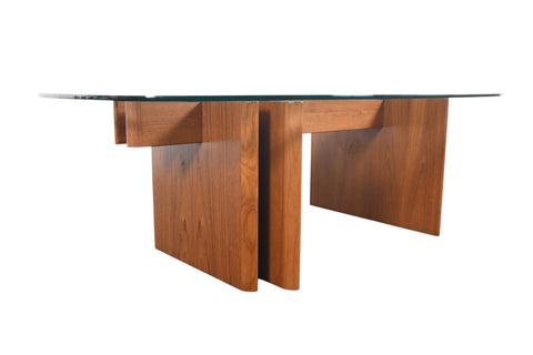 GORGEOUS GUSTAV GAARDE INTERLOCKING SOLID TEAK + GLASS COFFEE TABLE