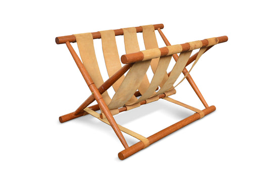 DANISH MODERN TEAK + LEATHER FOLDING MAGAZINE RACK