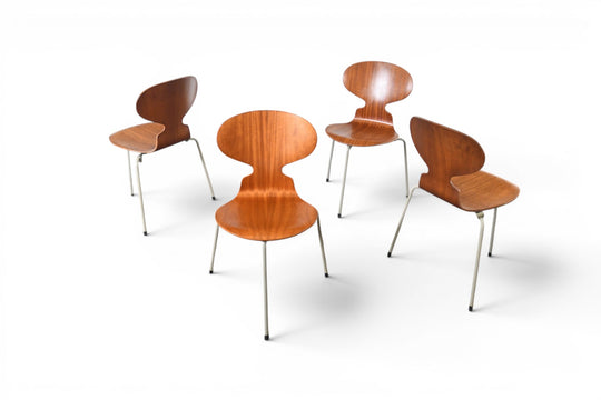 SET OF FOUR ARNE JACOBSEN ANT CHAIRS IN TEAK BY FRITZ HANSEN, 1950s