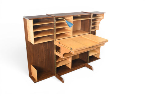 GERMAN WALNUT "DESK IN A BOX" HOME OFFICE CABINET, 1960s