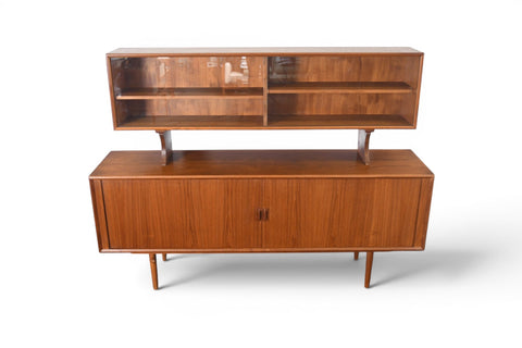 AXEL CHRISTIANSEN TEAK TAMBOUR CREDENZA WITH GLASS TOP HUTCH