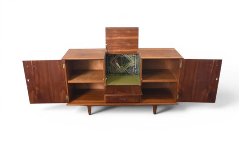 ENGLISH MODERN TEAK CREDENZA WITH FLIP-UP BAR, 1960s
