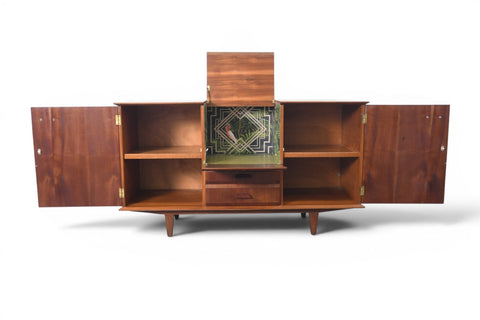 ENGLISH MODERN TEAK CREDENZA WITH FLIP-UP BAR, 1960s