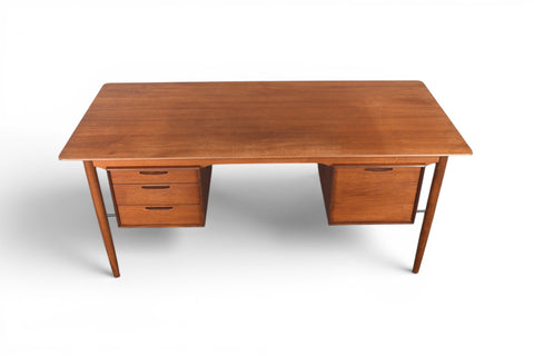 Ib Kofod Larsen teak writing desk, angled view showing clean Scandinavian lines