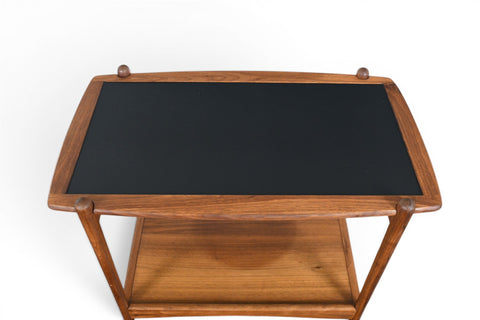 Mid-century modern bar cart in walnut and black laminate, side profile