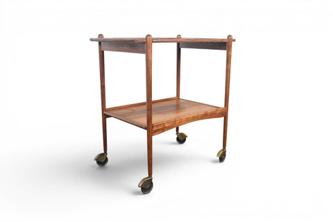 1960s Danish walnut and black laminate bar cart, leg and caster detail, Berkeley CA