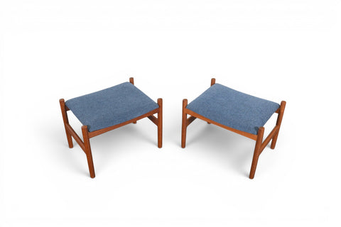 1960s Spottrup teak ottomans with fabric upholstery, angled view, Danish modern