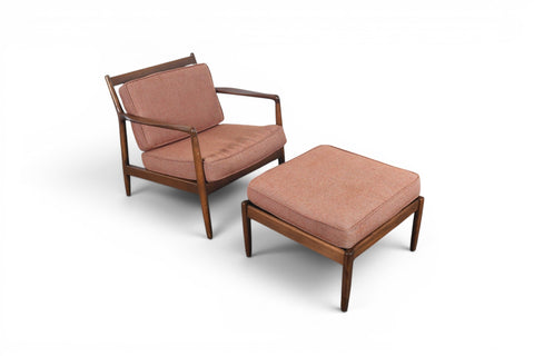 Folke Ohlsson for DUX lounge chair with ottoman, angled view, beech and wool