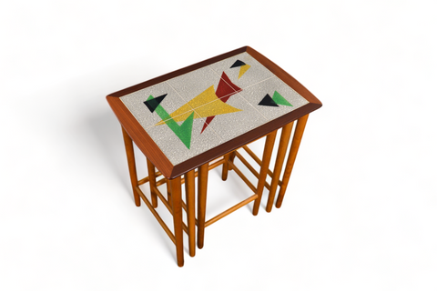 SET OF ATOMIC TEAK NESTING TABLE WITH TILE TOPS