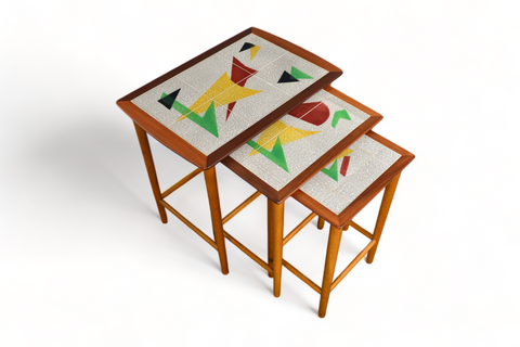SET OF ATOMIC TEAK NESTING TABLE WITH TILE TOPS