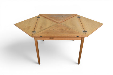 Slagelse Møbelværk oak table, leg and apron joinery detail, mid-century Danish