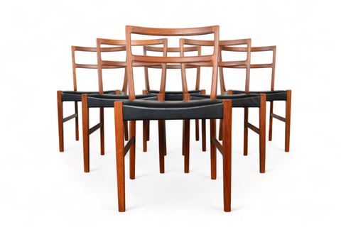 Teak dining chairs set (6) by Andersen, 18×17.5×31 in, includes refinishing and upholstery