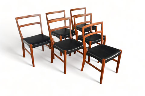 Six teak dining chairs, Johnannes Andersen design, restored finishes and new upholstery option