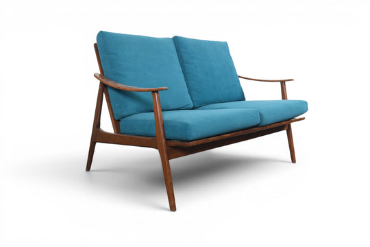 1960s VINTAGE TEAK FRAMED LOVESEAT WITH JEWEL TONED CUSHIONS