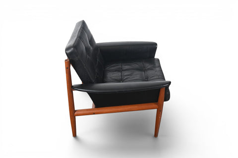 Vintage Grete Jalk Grand Danois lounge chair in teak and black leather, 1957, view 4