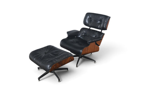 1970s WALNUT + LEATHER LOUNGE CHAIR AND OTTOMAN