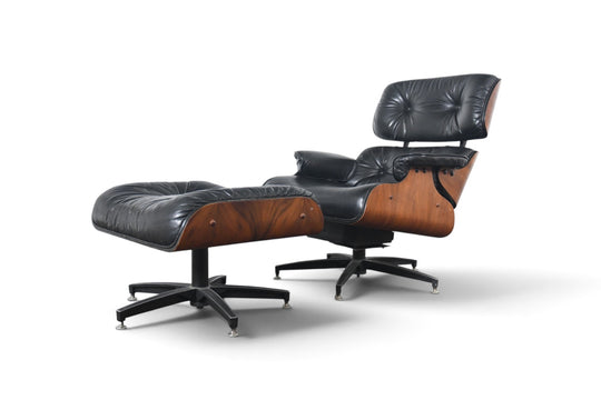 1970s WALNUT + LEATHER LOUNGE CHAIR AND OTTOMAN