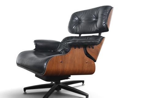 1970s WALNUT + LEATHER LOUNGE CHAIR AND OTTOMAN